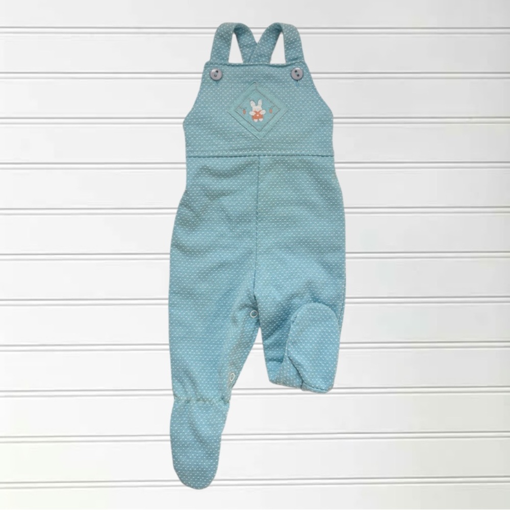 VINTAGE HEALTHTEX EUC Boys Aqua Micro Dot Knit Footed   Easter Overalls